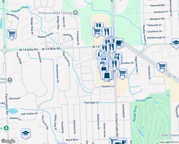 map of restaurants, bars, coffee shops, grocery stores, and more near 30980 Pointe of Woods Drive in Farmington Hills