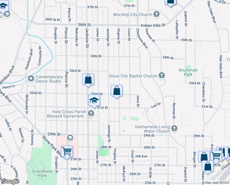 map of restaurants, bars, coffee shops, grocery stores, and more near 901-949 32nd St in Sioux City