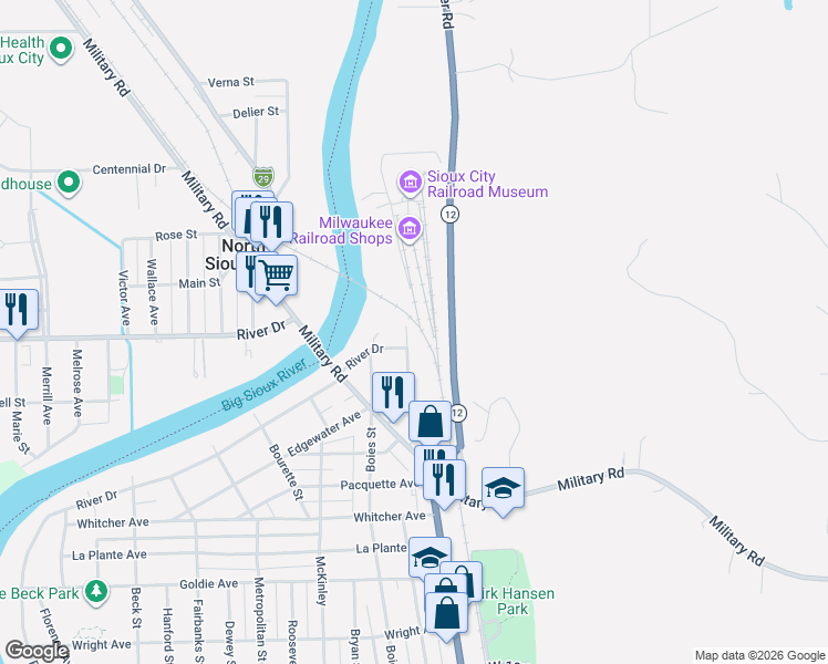 map of restaurants, bars, coffee shops, grocery stores, and more near 2817-2999 Home St in Sioux City