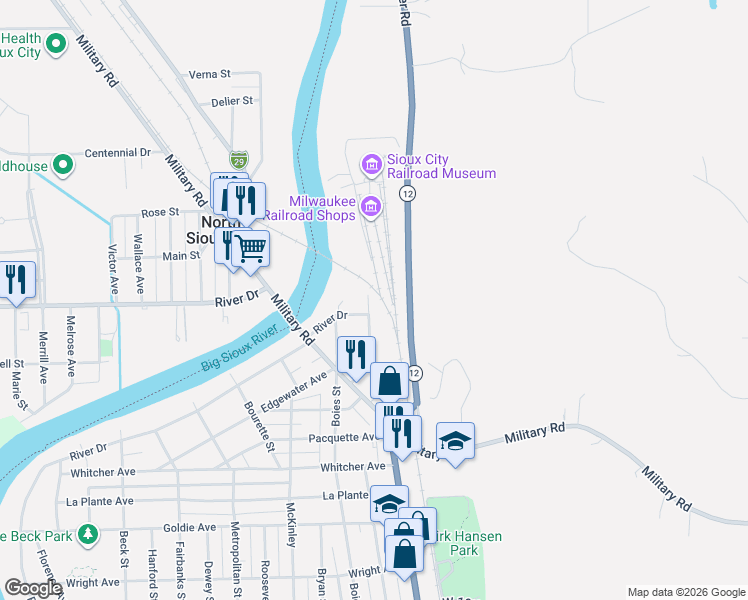 map of restaurants, bars, coffee shops, grocery stores, and more near 2817-2999 Home St in Sioux City