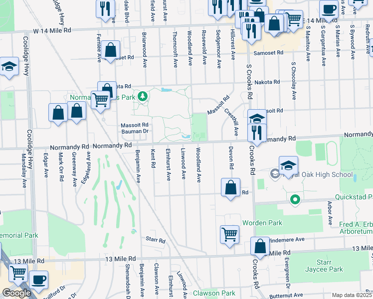 map of restaurants, bars, coffee shops, grocery stores, and more near 4118 Linwood Avenue in Royal Oak