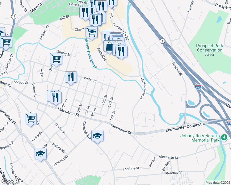 map of restaurants, bars, coffee shops, grocery stores, and more near 108 11th Street in Leominster