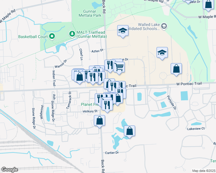 map of restaurants, bars, coffee shops, grocery stores, and more near N Beck Rd & Pontiac Trail in Commerce