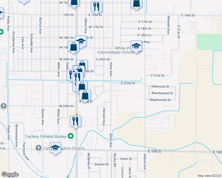 map of restaurants, bars, coffee shops, grocery stores, and more near 2233 Almo Avenue in Burley