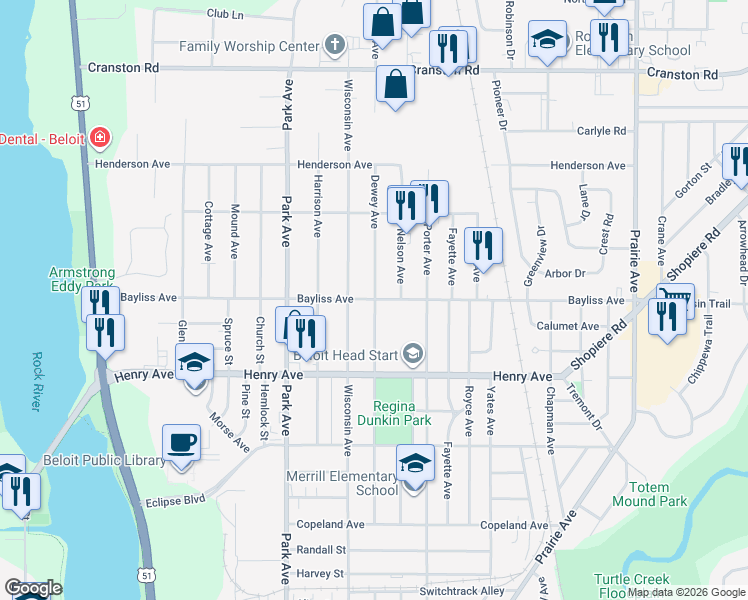 map of restaurants, bars, coffee shops, grocery stores, and more near 1198 Bayliss Avenue in Beloit