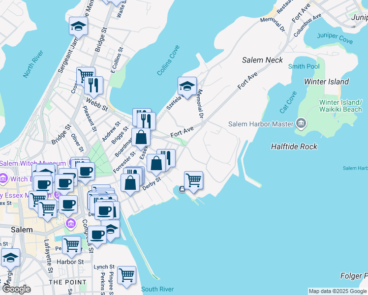 map of restaurants, bars, coffee shops, grocery stores, and more near 32 Derby Street in Salem