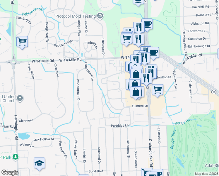 map of restaurants, bars, coffee shops, grocery stores, and more near 30980 Hunters Drive in Farmington Hills