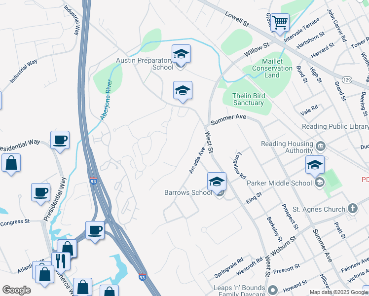 map of restaurants, bars, coffee shops, grocery stores, and more near 43 Longwood Road in Reading