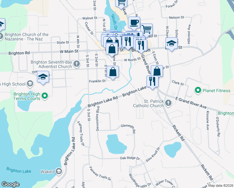 map of restaurants, bars, coffee shops, grocery stores, and more near 400 Brighton Lake Road in Brighton