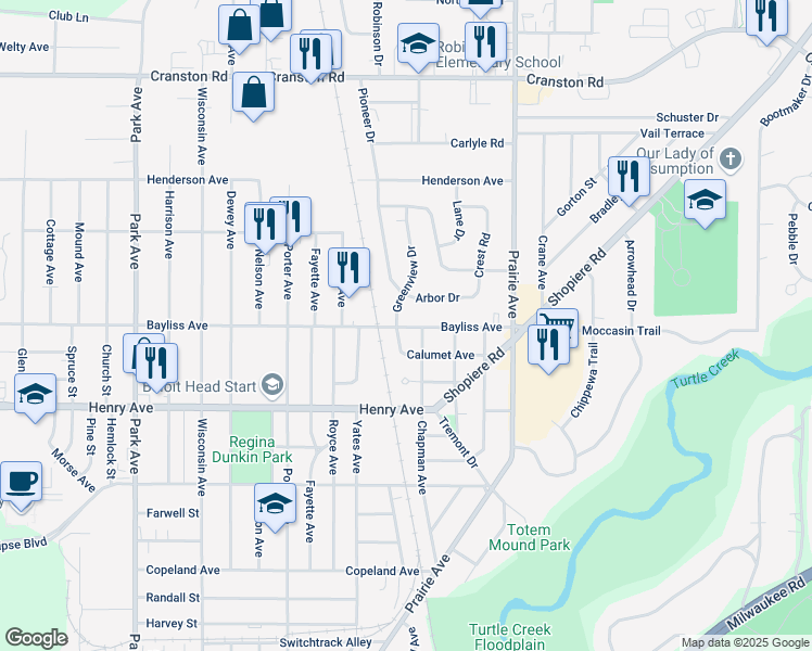 map of restaurants, bars, coffee shops, grocery stores, and more near 1609 Bayliss Avenue in Beloit