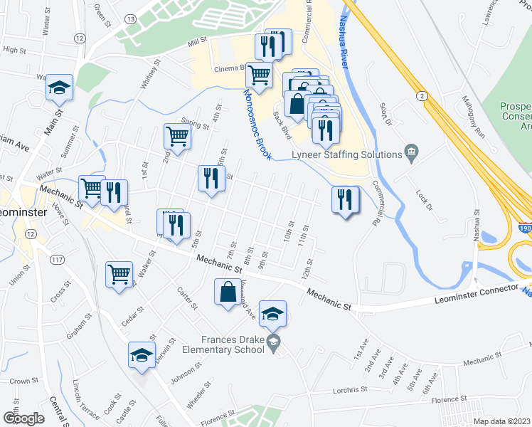 map of restaurants, bars, coffee shops, grocery stores, and more near 126 8th Street in Leominster