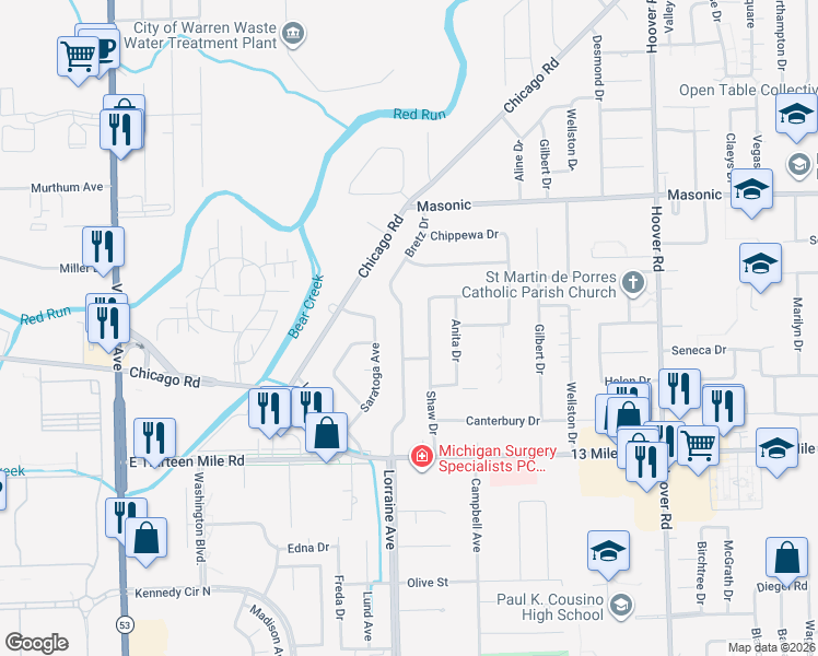 map of restaurants, bars, coffee shops, grocery stores, and more near 31458 Bretz Drive in Warren