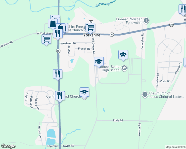 map of restaurants, bars, coffee shops, grocery stores, and more near 12117 Old Olean Road in Delevan