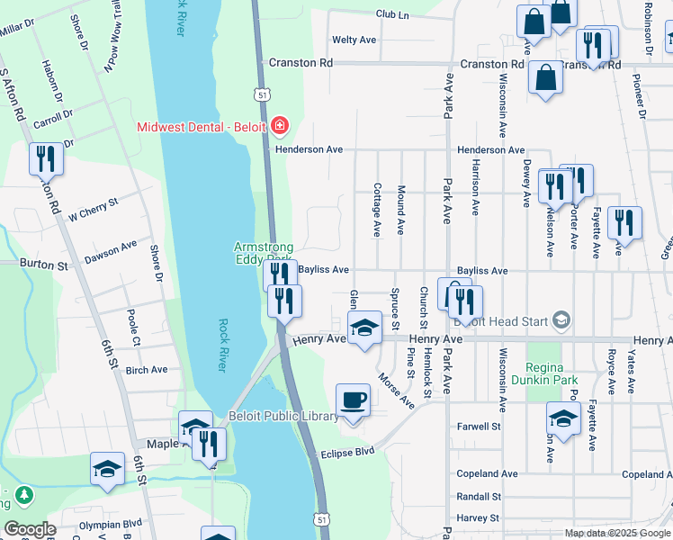 map of restaurants, bars, coffee shops, grocery stores, and more near 612 Bayliss Avenue in Beloit