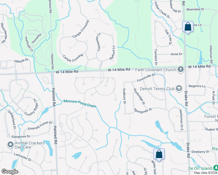 map of restaurants, bars, coffee shops, grocery stores, and more near 31235 Applewood Lane in Farmington Hills