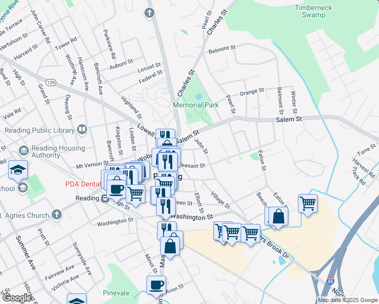 map of restaurants, bars, coffee shops, grocery stores, and more near 15 Union Street in Reading