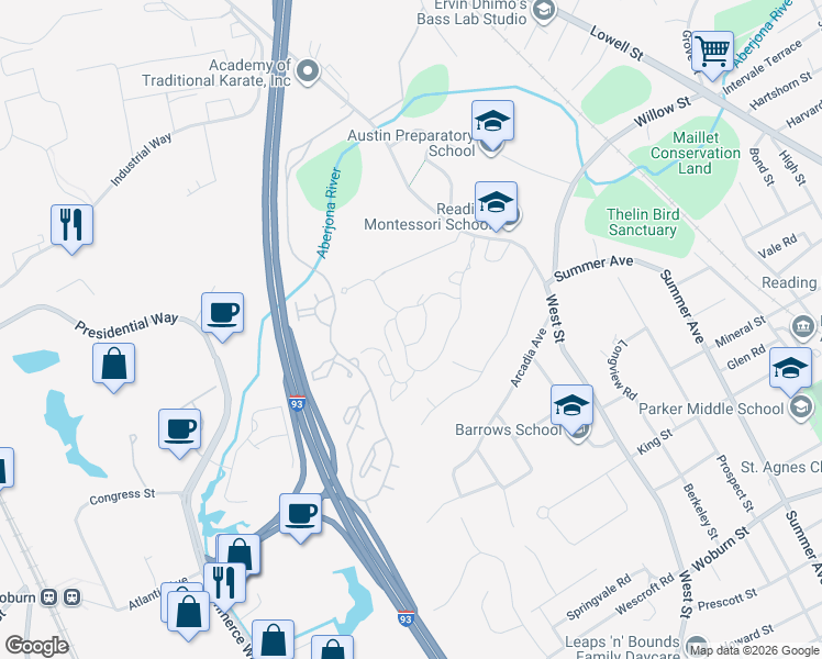 map of restaurants, bars, coffee shops, grocery stores, and more near 3 White Oaks Lane in Reading