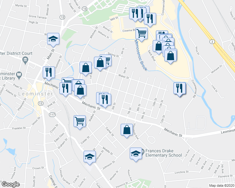 map of restaurants, bars, coffee shops, grocery stores, and more near 146 5th Street in Leominster