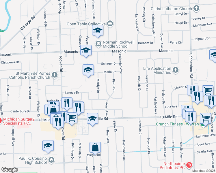map of restaurants, bars, coffee shops, grocery stores, and more near 31432 Roan Avenue in Warren