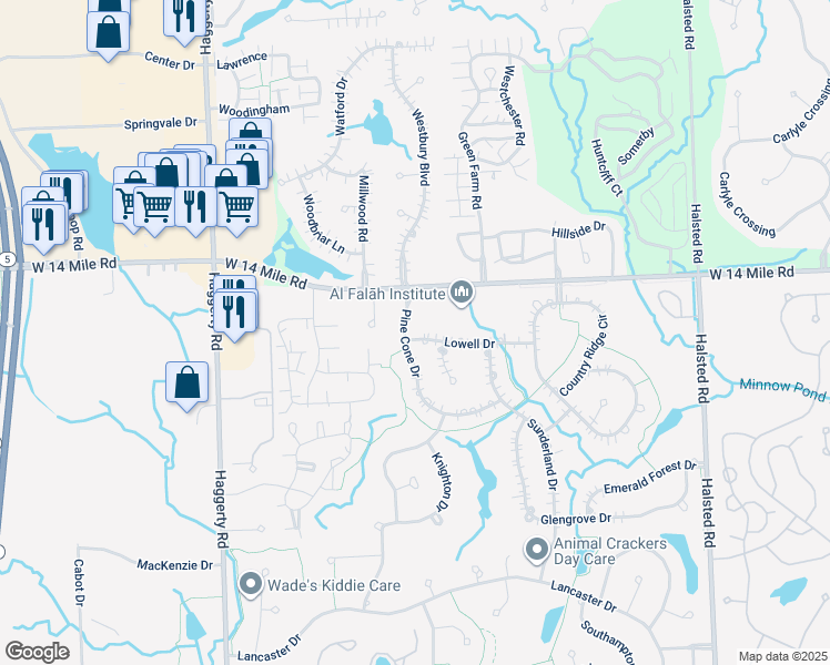 map of restaurants, bars, coffee shops, grocery stores, and more near 31098 Pine Cone Drive in Farmington Hills