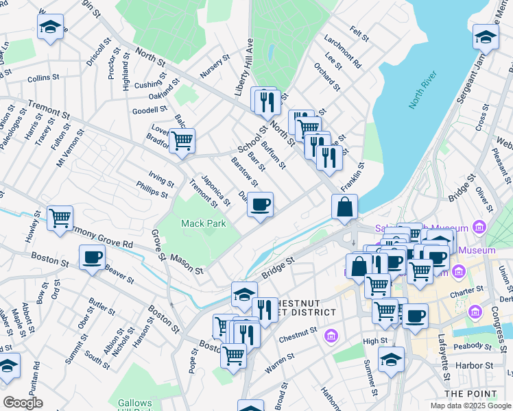 map of restaurants, bars, coffee shops, grocery stores, and more near 12 Dunlap Street in Salem