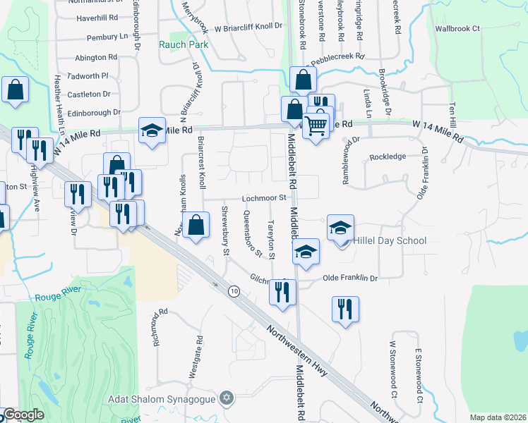 map of restaurants, bars, coffee shops, grocery stores, and more near 32411 Tareyton Street in Farmington Hills