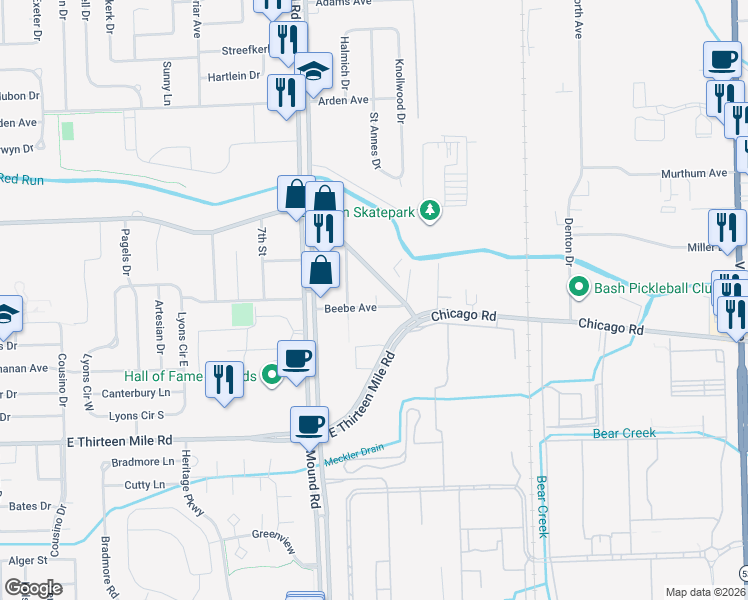 map of restaurants, bars, coffee shops, grocery stores, and more near 6115 Beebe Avenue in Warren