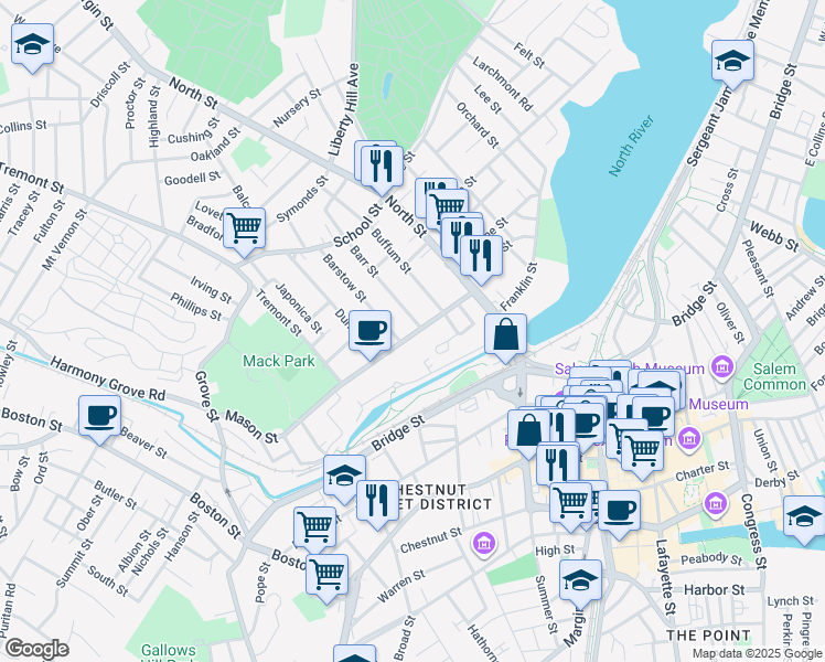 map of restaurants, bars, coffee shops, grocery stores, and more near 28 Mason Street in Salem