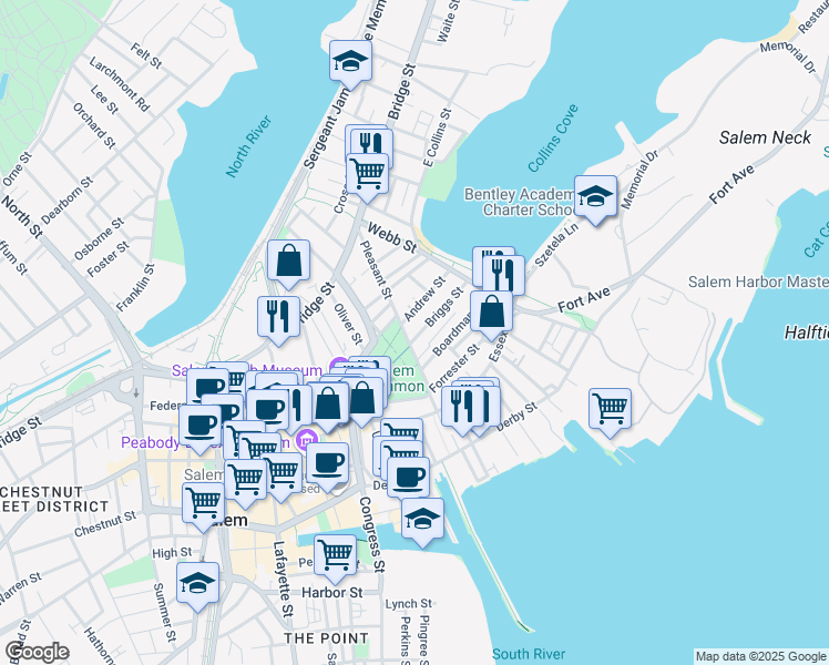 map of restaurants, bars, coffee shops, grocery stores, and more near 96 Washington Square in Salem