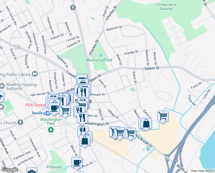 map of restaurants, bars, coffee shops, grocery stores, and more near 27 John Street in Reading