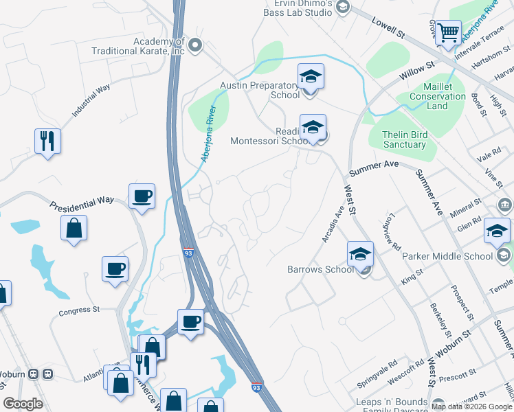 map of restaurants, bars, coffee shops, grocery stores, and more near 3 White Oaks Lane in Reading