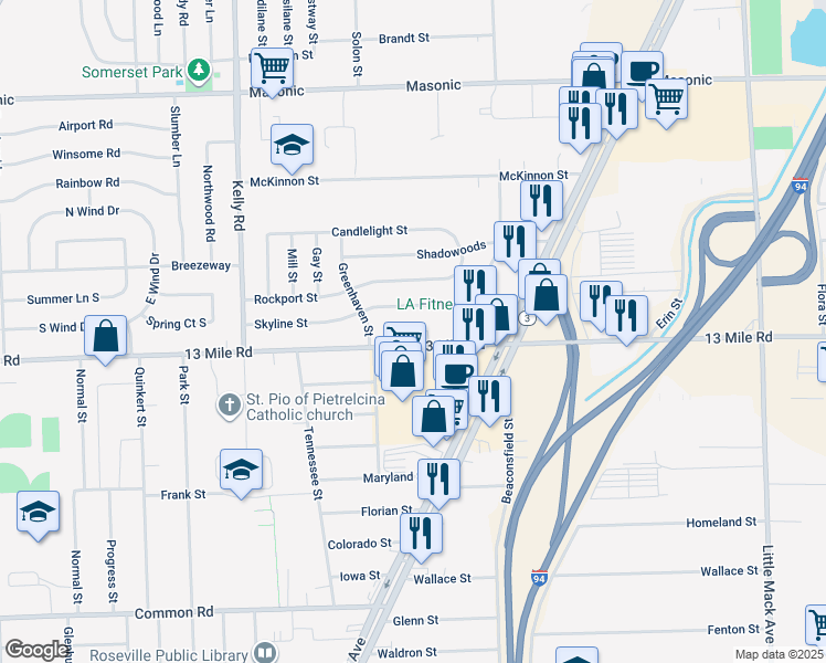 map of restaurants, bars, coffee shops, grocery stores, and more near 19313 13 Mile Road in Roseville