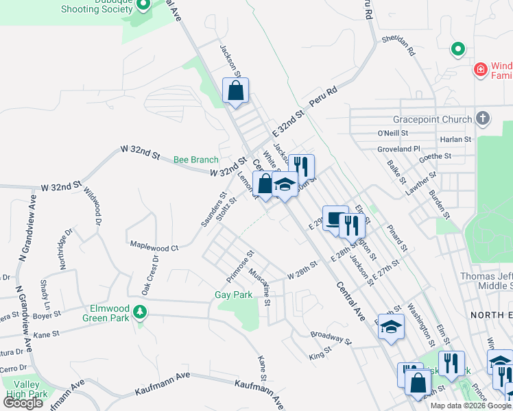 map of restaurants, bars, coffee shops, grocery stores, and more near 3035 Lemon Street in Dubuque