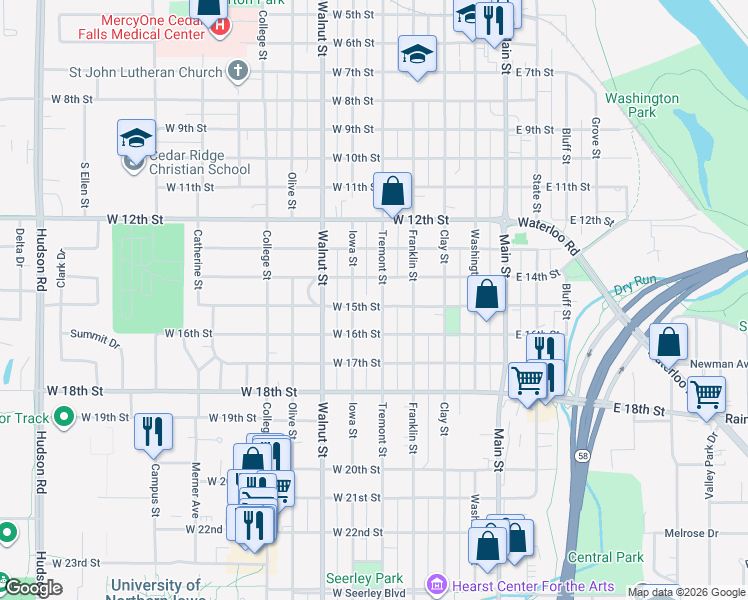 map of restaurants, bars, coffee shops, grocery stores, and more near 1421 Tremont Street in Cedar Falls