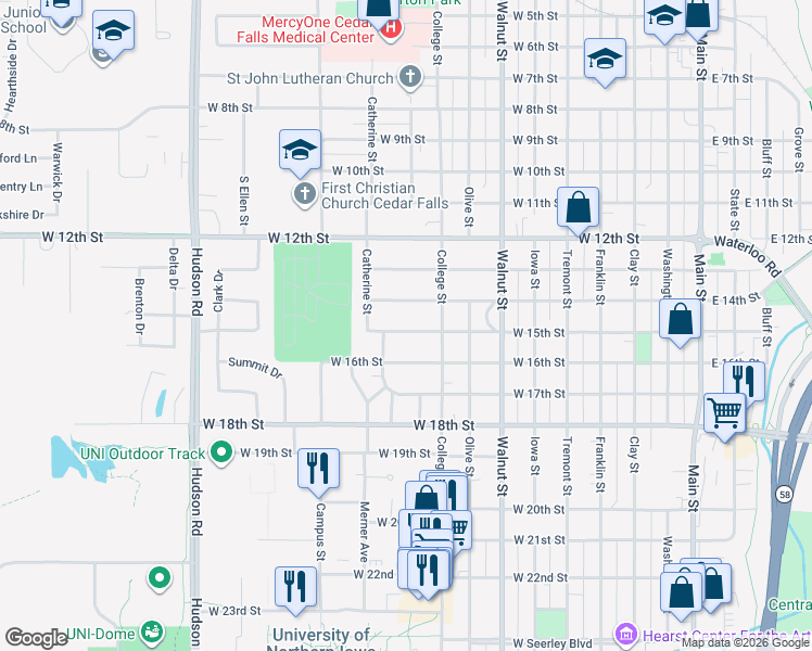 map of restaurants, bars, coffee shops, grocery stores, and more near 925 West 15th Street in Cedar Falls