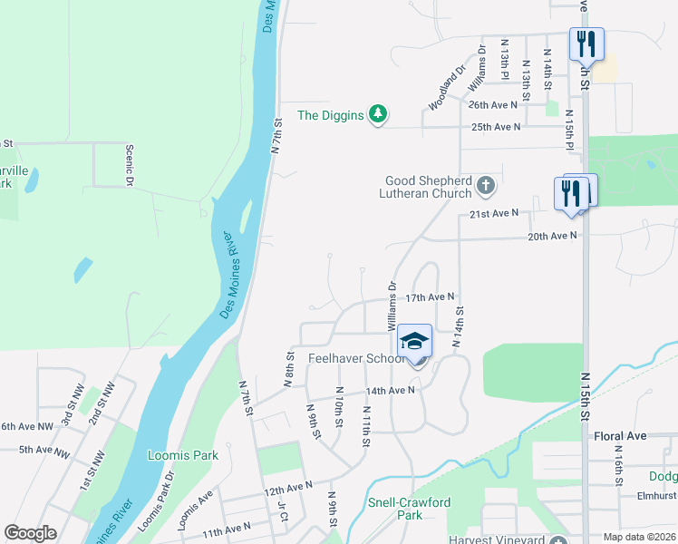 map of restaurants, bars, coffee shops, grocery stores, and more near 1721 River Forest Drive in Fort Dodge