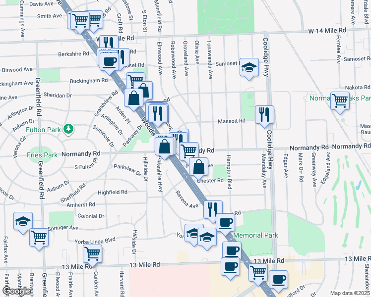 map of restaurants, bars, coffee shops, grocery stores, and more near 3812 Normandy Road in Royal Oak