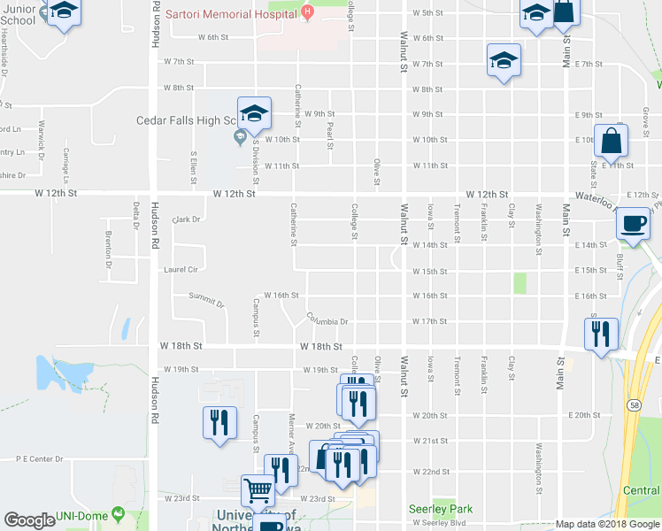 map of restaurants, bars, coffee shops, grocery stores, and more near 925 West 15th Street in Cedar Falls