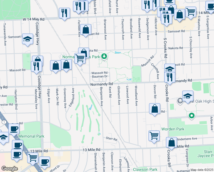 map of restaurants, bars, coffee shops, grocery stores, and more near 2421 Normandy Road in Royal Oak