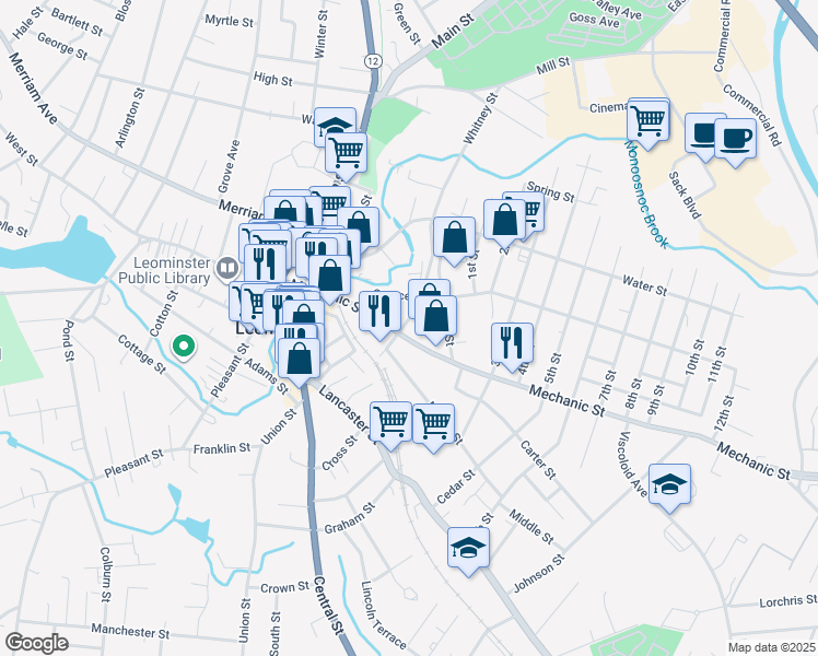 map of restaurants, bars, coffee shops, grocery stores, and more near 134 Mechanic Street in Leominster
