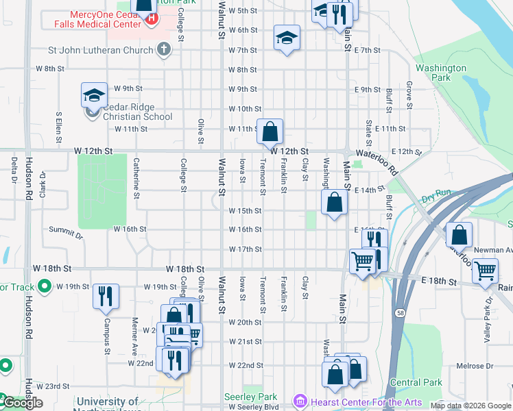 map of restaurants, bars, coffee shops, grocery stores, and more near 1421 Tremont Street in Cedar Falls