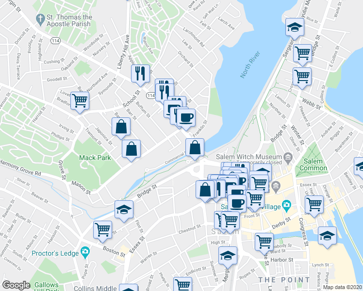 map of restaurants, bars, coffee shops, grocery stores, and more near 1 Mason Street in Salem