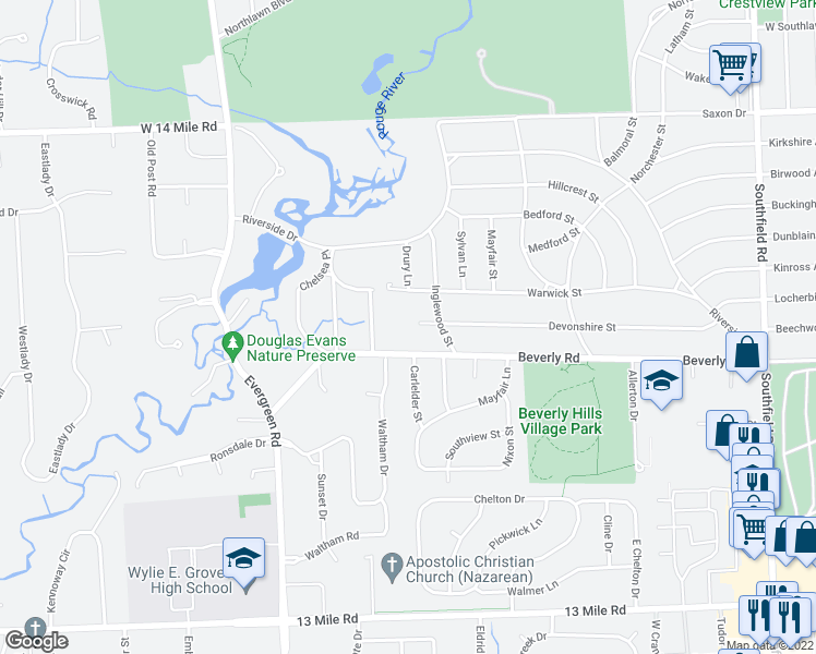 map of restaurants, bars, coffee shops, grocery stores, and more near 19341 Devonshire Street in Beverly Hills