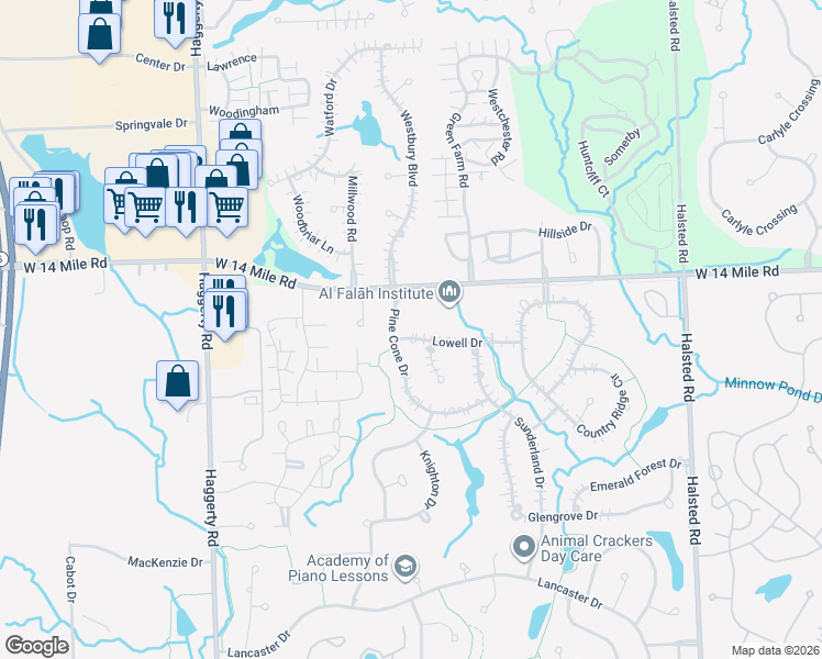 map of restaurants, bars, coffee shops, grocery stores, and more near 31098 Pine Cone Drive in Farmington Hills