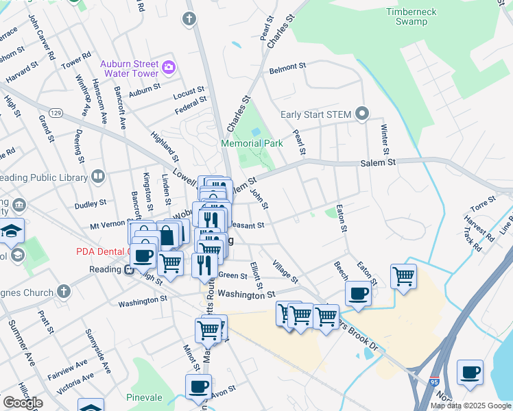map of restaurants, bars, coffee shops, grocery stores, and more near 29 Union Street in Reading