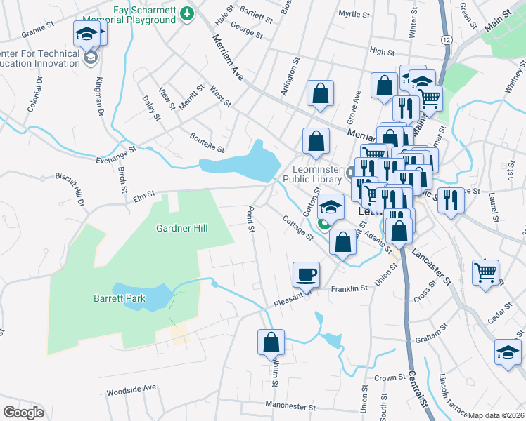 map of restaurants, bars, coffee shops, grocery stores, and more near 6 Pond Court in Leominster