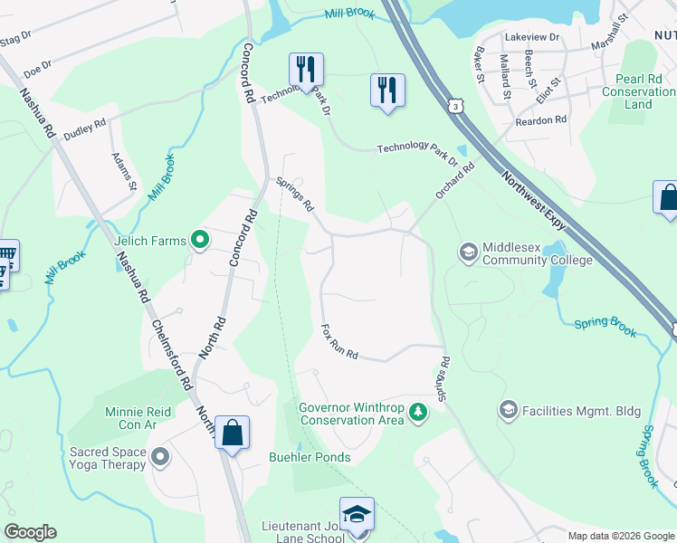 map of restaurants, bars, coffee shops, grocery stores, and more near 25 Fox Run Road in Bedford