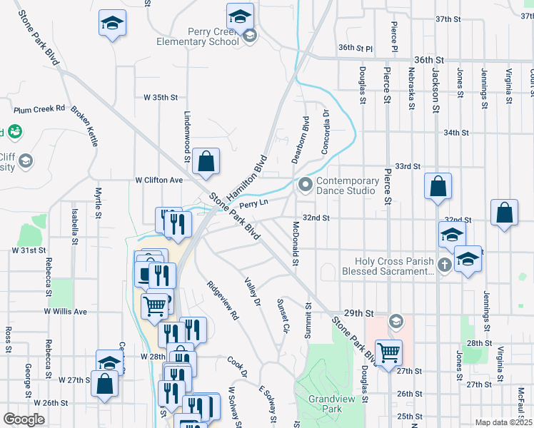 map of restaurants, bars, coffee shops, grocery stores, and more near 3165 Dearborn Boulevard in Sioux City