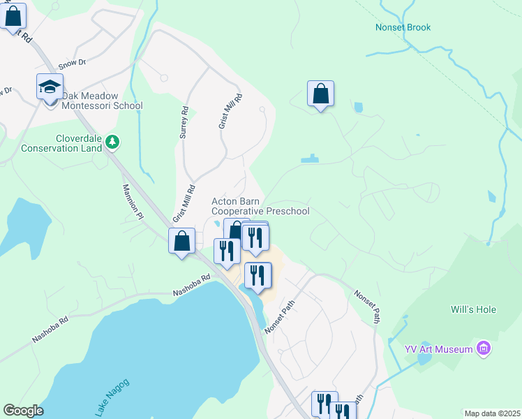 map of restaurants, bars, coffee shops, grocery stores, and more near 32 Nagog Park in Acton