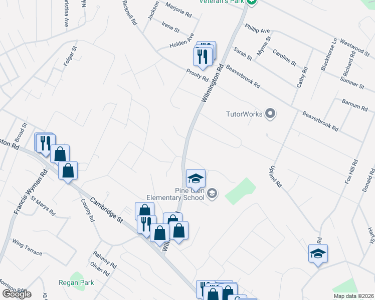 map of restaurants, bars, coffee shops, grocery stores, and more near 50 Wilmington Road in Burlington